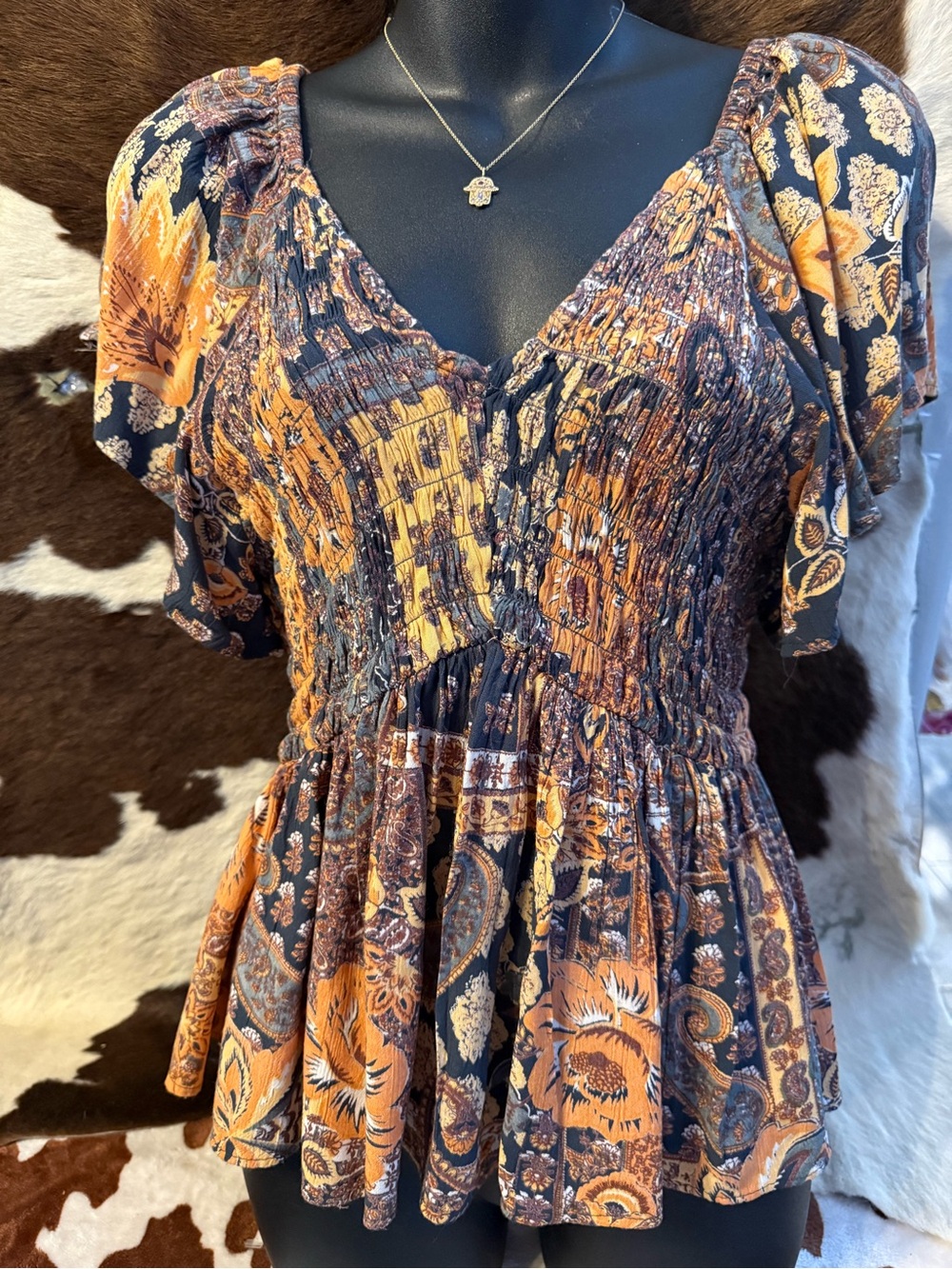 Angie Navy and Mustard Floral Smocked Peplum Top